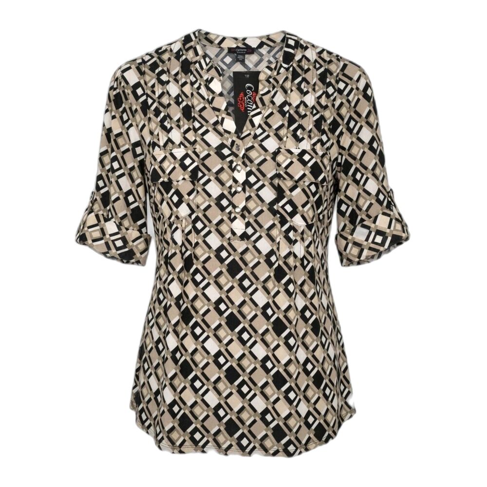 Cocomo Women's Plus Size 2X Black & Beige Geo Print Pintuck Short Sleeve Top